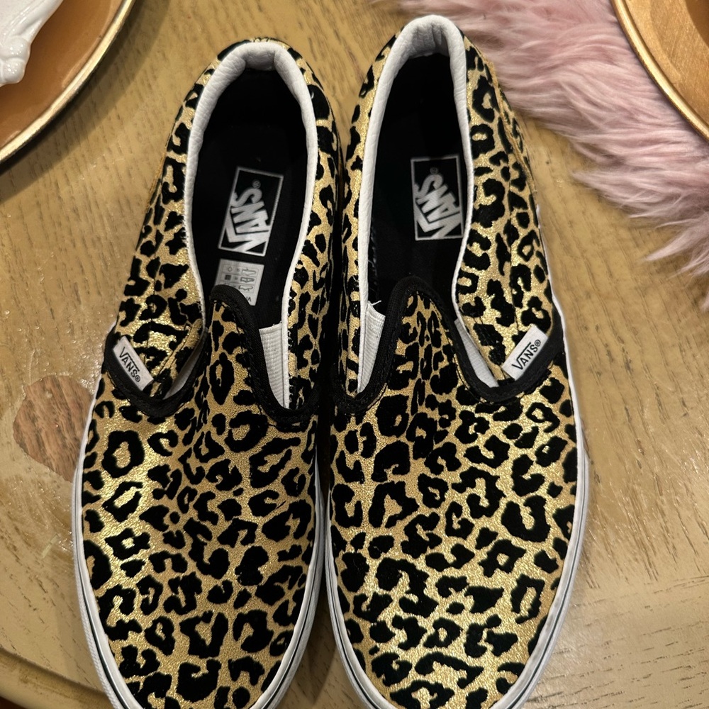 Vans Gold and Black Leopard Slip-Ons